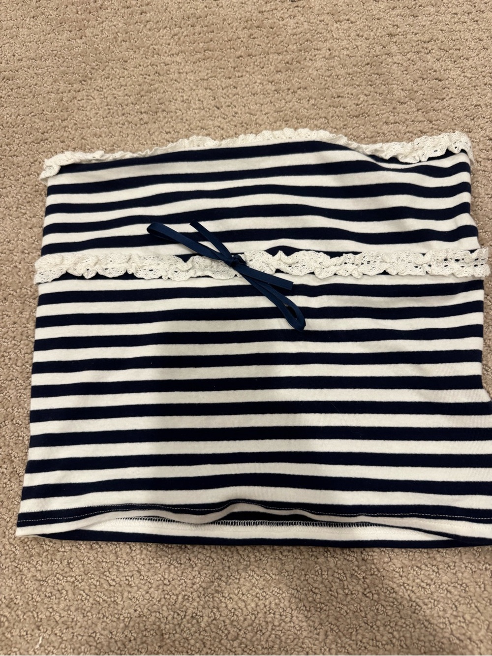Edikted Navy and White Striped Lace-Trim Tube Crop Top
